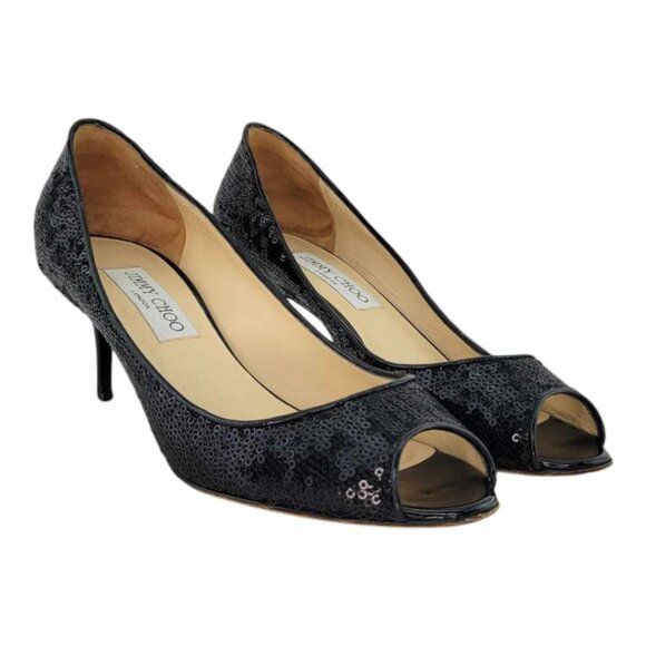 AUTHENTIC JIMMY CHOO Isabel Sequined Peep Toe Pump Sz 37 IT (US 7) - Black - Picture 10 of 10